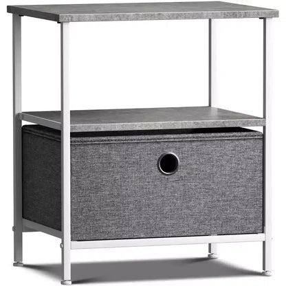 Comodino a 1 cassetto con ripiano, struttura in acciaio, piano in legno e cassetto in tessuto facile da estrarre