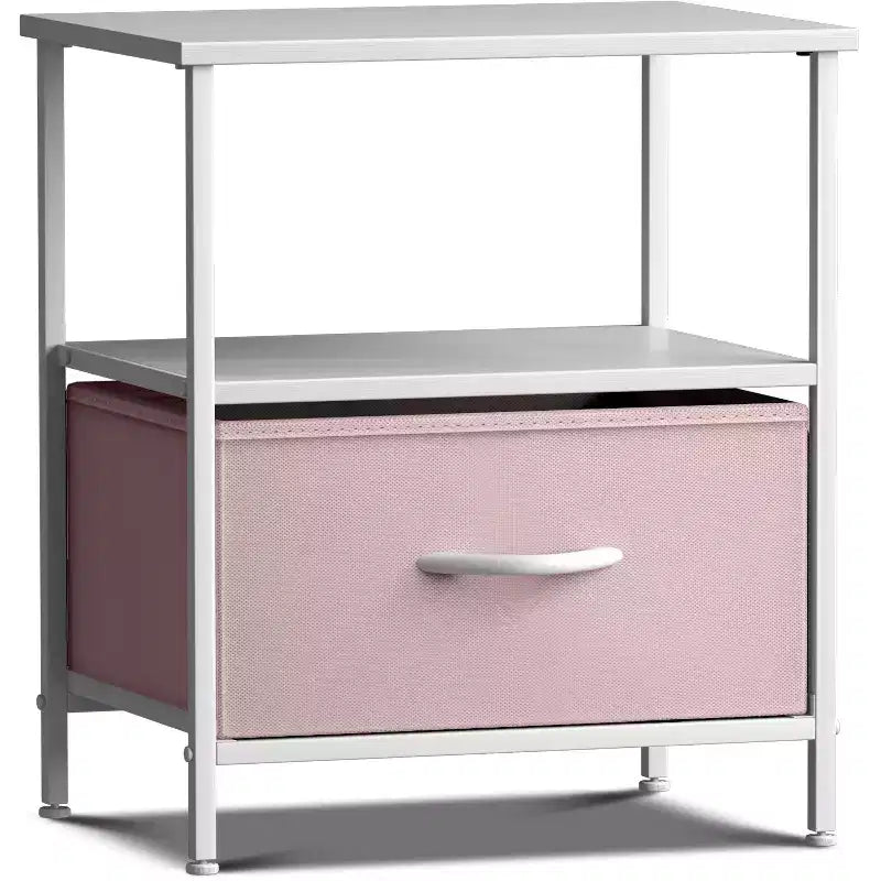 Comodino a 1 cassetto con ripiano, struttura in acciaio, piano in legno e cassetto in tessuto facile da estrarre