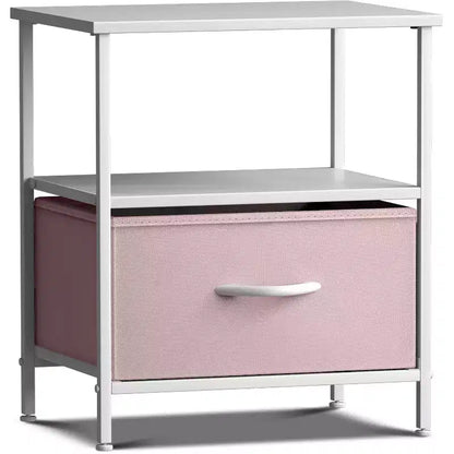 Comodino a 1 cassetto con ripiano, struttura in acciaio, piano in legno e cassetto in tessuto facile da estrarre