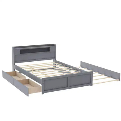 Letto a piattaforma Queen Size con letto estraibile, letto a piattaforma in legno con 2 cassetti portaoggetti e luce a LED