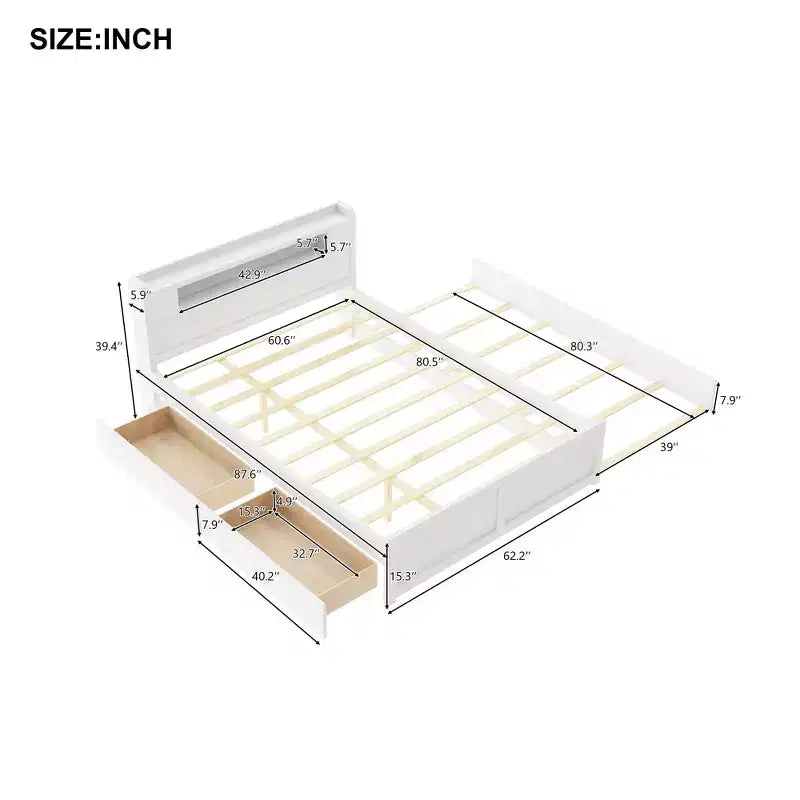 Letto a piattaforma Queen Size con letto estraibile, letto a piattaforma in legno con 2 cassetti portaoggetti e luce a LED
