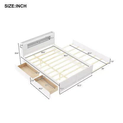 Letto a piattaforma Queen Size con letto estraibile, letto a piattaforma in legno con 2 cassetti portaoggetti e luce a LED