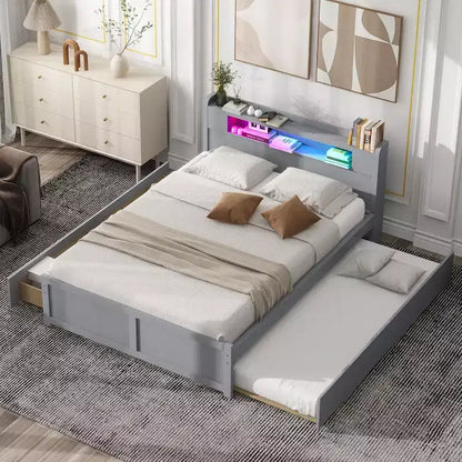Letto a piattaforma Queen Size con letto estraibile, letto a piattaforma in legno con 2 cassetti portaoggetti e luce a LED