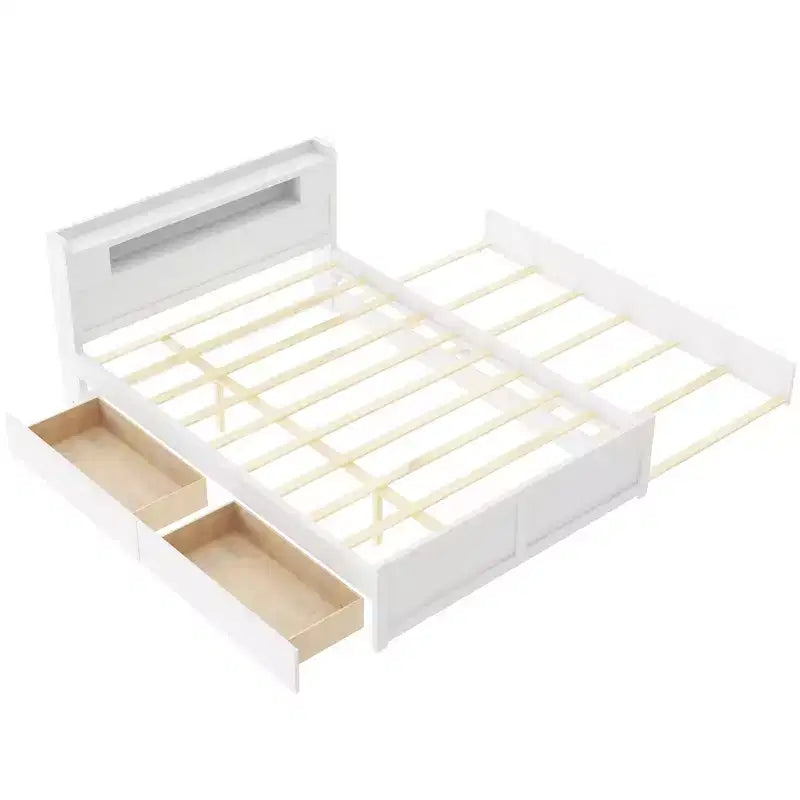 Letto a piattaforma Queen Size con letto estraibile, letto a piattaforma in legno con 2 cassetti portaoggetti e luce a LED