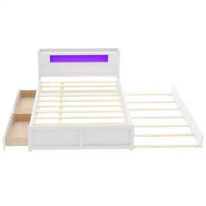 Letto a piattaforma Queen Size con letto estraibile, letto a piattaforma in legno con 2 cassetti portaoggetti e luce a LED