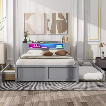 Letto a piattaforma Queen Size con letto estraibile, letto a piattaforma in legno con 2 cassetti portaoggetti e luce a LED