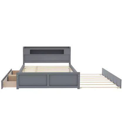 Letto a piattaforma Queen Size con letto estraibile, letto a piattaforma in legno con 2 cassetti portaoggetti e luce a LED