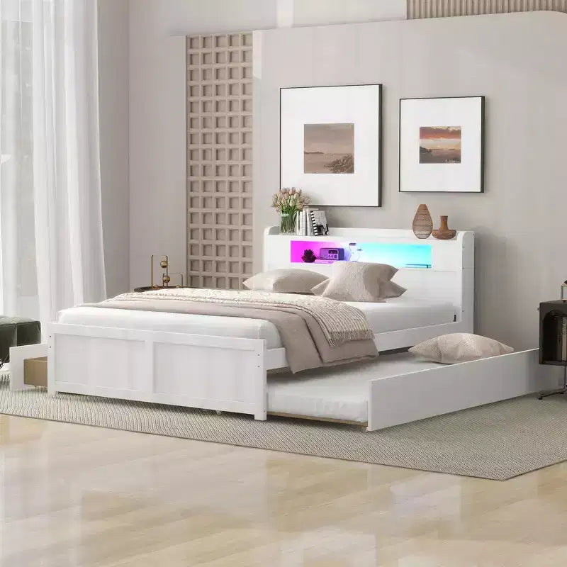 Letto a piattaforma Queen Size con letto estraibile, letto a piattaforma in legno con 2 cassetti portaoggetti e luce a LED