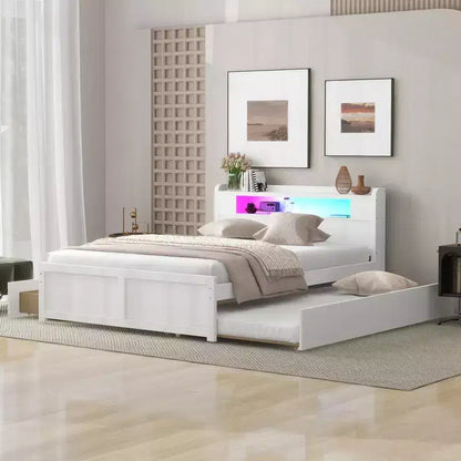 Letto a piattaforma Queen Size con letto estraibile, letto a piattaforma in legno con 2 cassetti portaoggetti e luce a LED