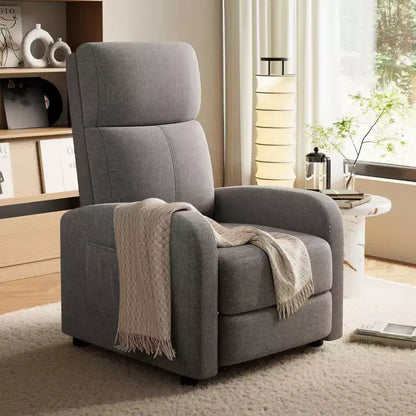 Poltrona reclinabile manuale in tessuto di lino, con schienale alto, cuscino spesso, reclinazione a spinta, sedia a sdraio per soggiorno, home theater, camera da letto