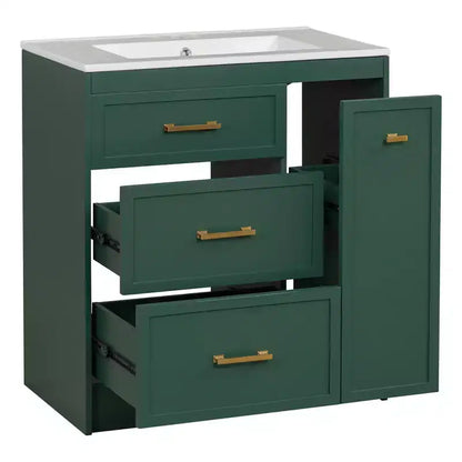 Mobiletto da bagno da 76 cm con lavello incorporato e cassetti salvaspazio, di colore verde