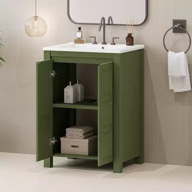 Mobile bagno piccolo 60 cm con ante a chiusura ammortizzata, Mobiletti bagno autoportanti con ripiano regolabile, Verde Oliva