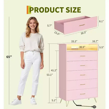 Comò alto moderno a 5 cassetti per camera da letto, cassettiera in legno con guide a chiusura silenziosa, organizer da ingresso bianco resistente all'acqua