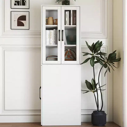 Mobile credenza da 180 cm con ripiano estraibile multi-funzionale a 4 livelli e 2 ante in vetro, dispensa da cucina moderna in legno per soggiorno e sala da pranzo