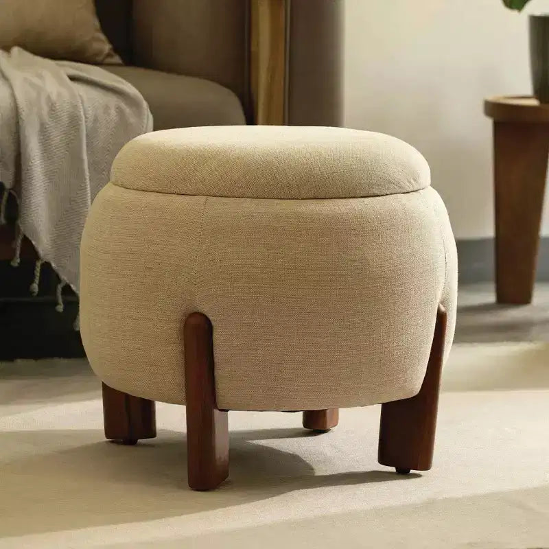 Poggiapiedi Pouf Rotondo Artigianale con Base in Legno di Mango, Accento per Camera da Letto e Soggiorno