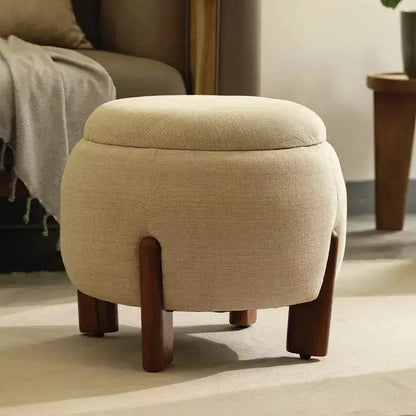 Poggiapiedi Pouf Rotondo Artigianale con Base in Legno di Mango, Accento per Camera da Letto e Soggiorno