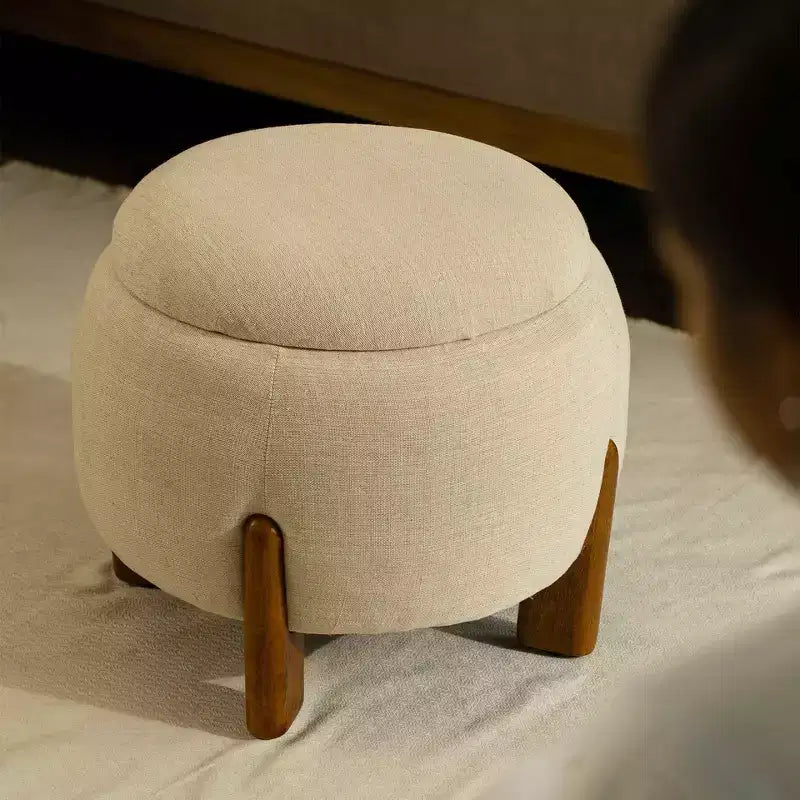 Poggiapiedi Pouf Rotondo Artigianale con Base in Legno di Mango, Accento per Camera da Letto e Soggiorno