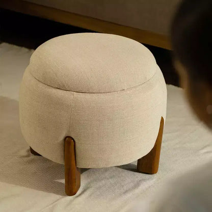 Poggiapiedi Pouf Rotondo Artigianale con Base in Legno di Mango, Accento per Camera da Letto e Soggiorno