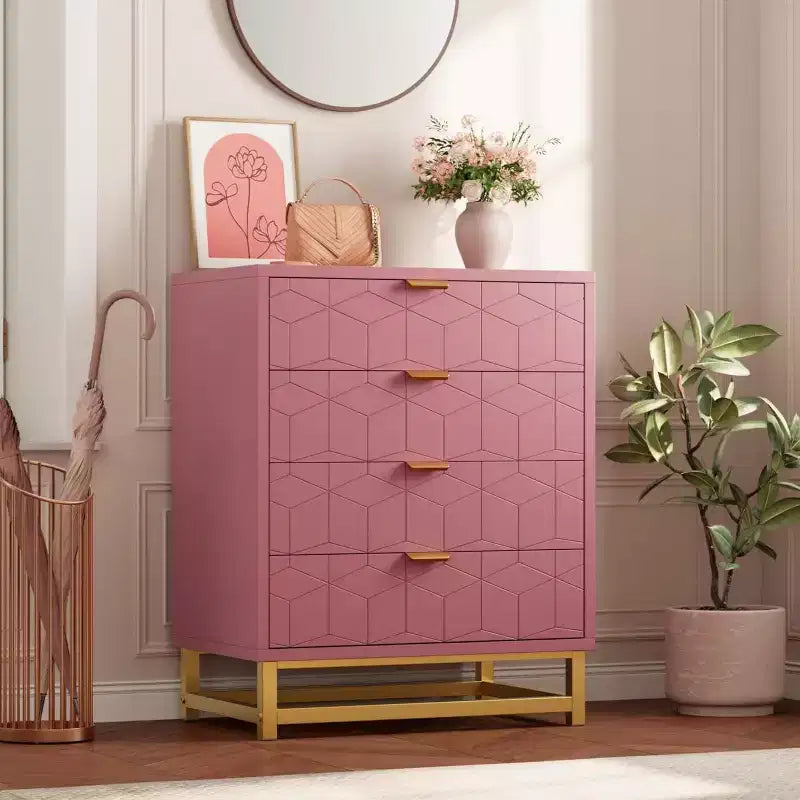 Cassettiera rosa per camera da letto, cassettiera in legno a 4 cassetti con maniglie dorate, cassettiere e comò moderni per corridoio, ingresso