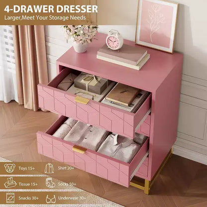 Cassettiera rosa per camera da letto, cassettiera in legno a 4 cassetti con maniglie dorate, cassettiere e comò moderni per corridoio, ingresso