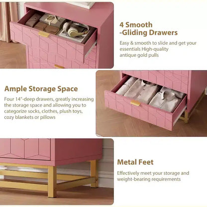 Cassettiera rosa per camera da letto, cassettiera in legno a 4 cassetti con maniglie dorate, cassettiere e comò moderni per corridoio, ingresso