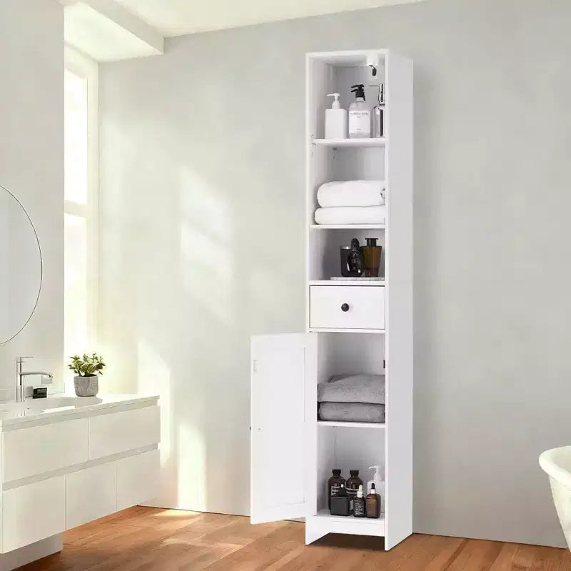 Mobiletto stretto alto da bagno indipendente con ante scorrevoli, cassetto e ripiani regolabili