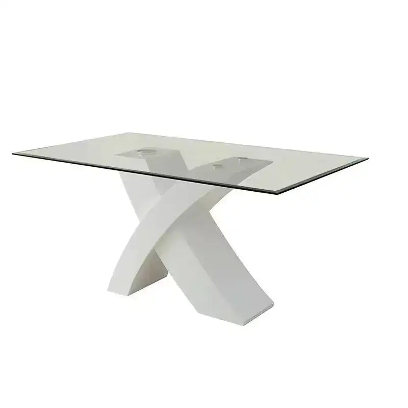 Tavolo da pranzo moderno da 60" con piano bianco e vetro trasparente, base incrociata in legno, 4 posti