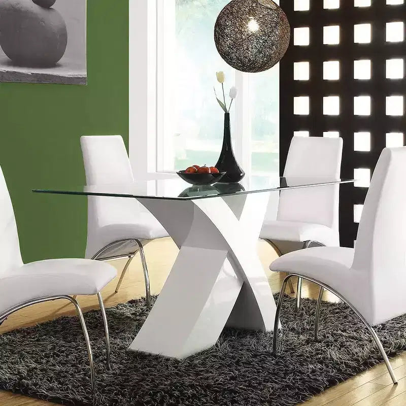 Tavolo da pranzo moderno da 60" con piano bianco e vetro trasparente, base incrociata in legno, 4 posti