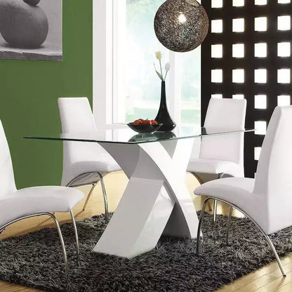 Tavolo da pranzo moderno da 60" con piano bianco e vetro trasparente, base incrociata in legno, 4 posti
