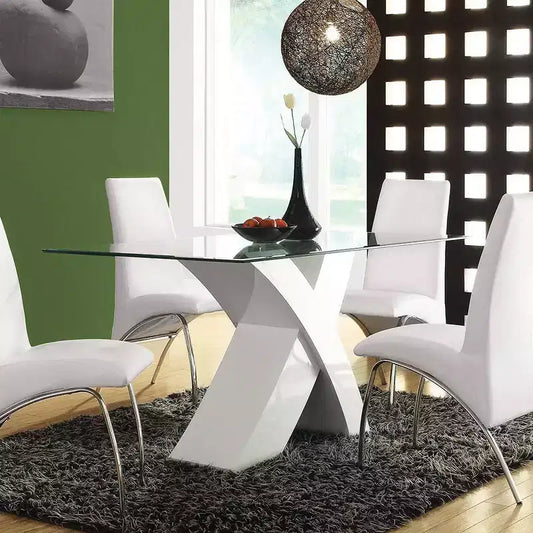 Tavolo da pranzo moderno da 60" con piano bianco e vetro trasparente, base incrociata in legno, 4 posti