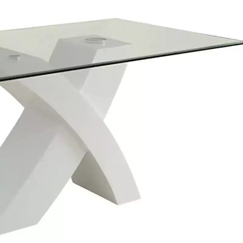 Tavolo da pranzo moderno da 60" con piano bianco e vetro trasparente, base incrociata in legno, 4 posti