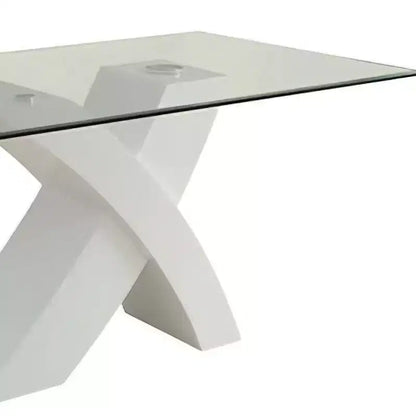 Tavolo da pranzo moderno da 60" con piano bianco e vetro trasparente, base incrociata in legno, 4 posti
