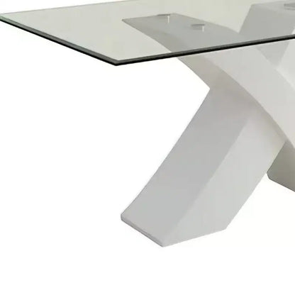 Tavolo da pranzo moderno da 60" con piano bianco e vetro trasparente, base incrociata in legno, 4 posti