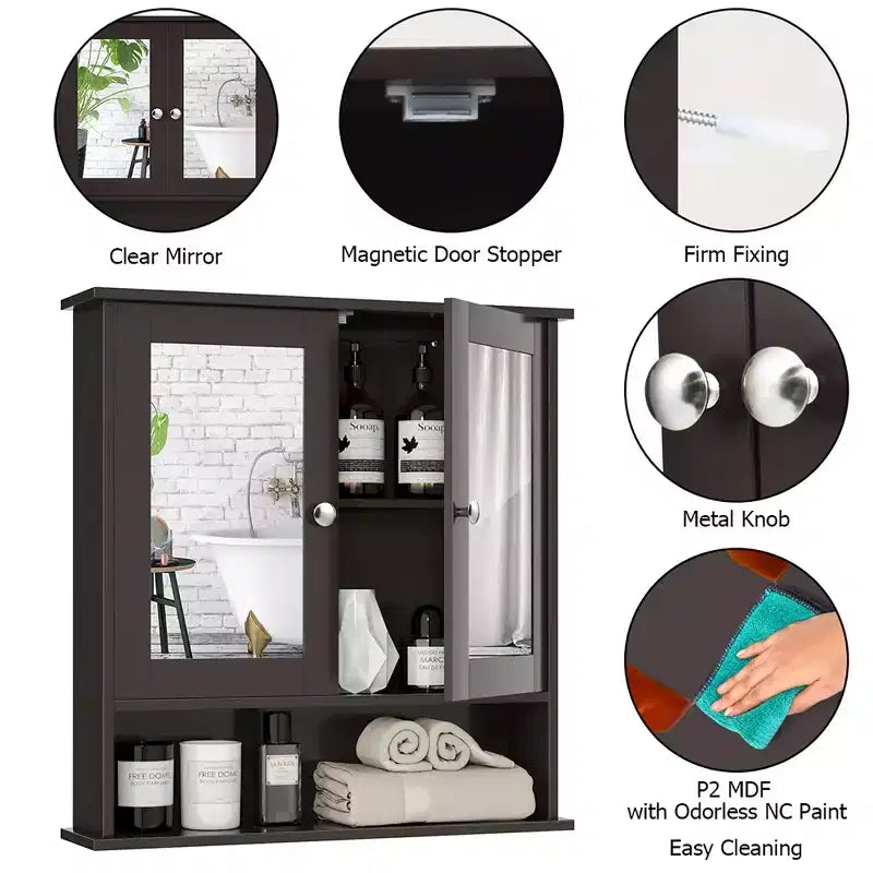 Mobiletto pensile da bagno con specchio, contenitore, bianco/grigio/marrone/nero