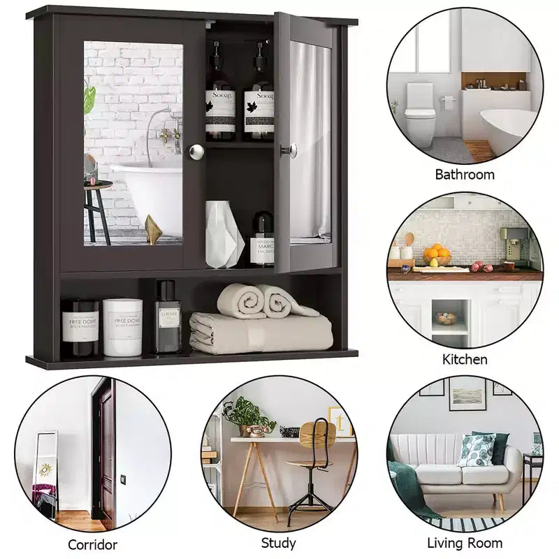 Mobiletto pensile da bagno con specchio, contenitore, bianco/grigio/marrone/nero