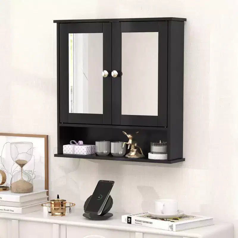 Mobiletto pensile da bagno con specchio, contenitore, bianco/grigio/marrone/nero