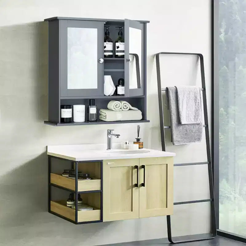 Mobiletto pensile da bagno con specchio, contenitore, bianco/grigio/marrone/nero