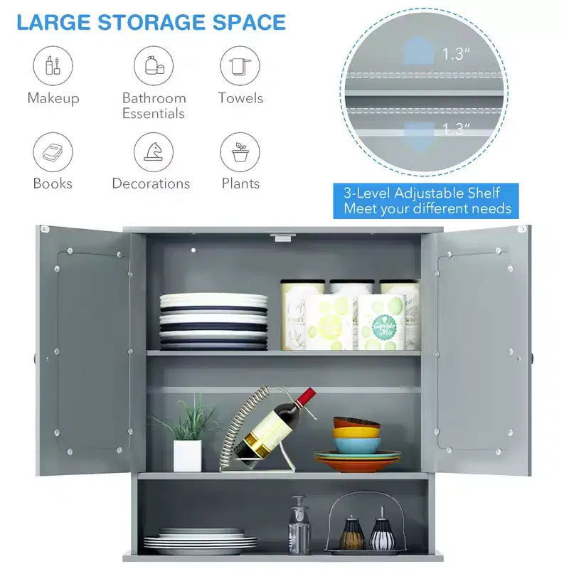 Mobiletto pensile da bagno con specchio, contenitore, bianco/grigio/marrone/nero