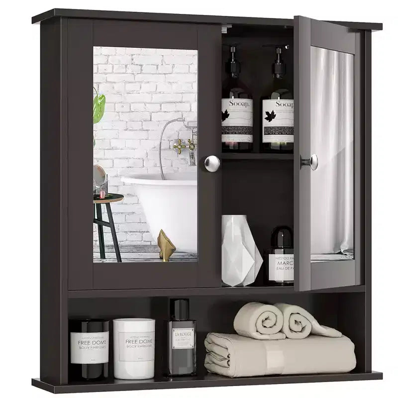 Mobiletto pensile da bagno con specchio, contenitore, bianco/grigio/marrone/nero