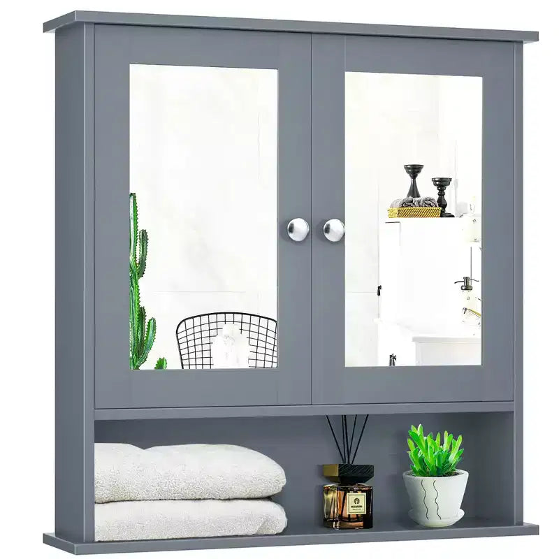 Mobiletto pensile da bagno con specchio, contenitore, bianco/grigio/marrone/nero