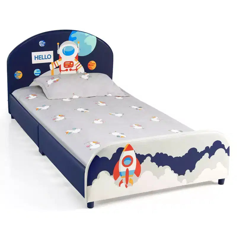 Letto imbottito con piattaforma per bambini, misura singola, motivo astronauta, struttura in legno
