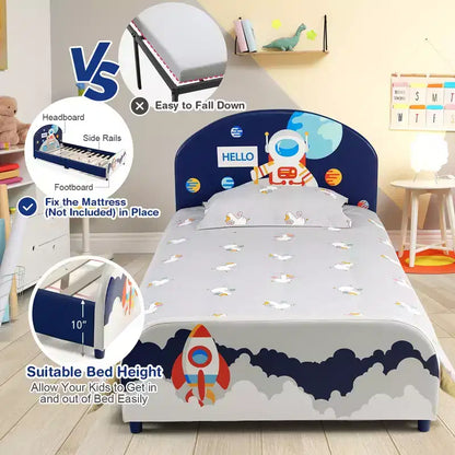 Letto imbottito con piattaforma per bambini, misura singola, motivo astronauta, struttura in legno