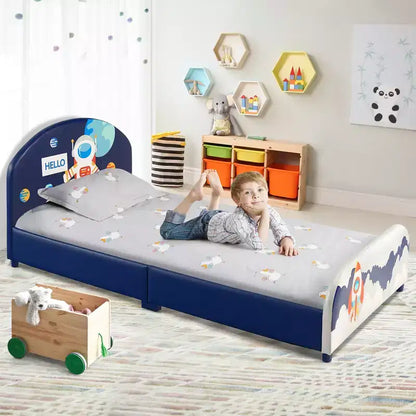 Letto imbottito con piattaforma per bambini, misura singola, motivo astronauta, struttura in legno