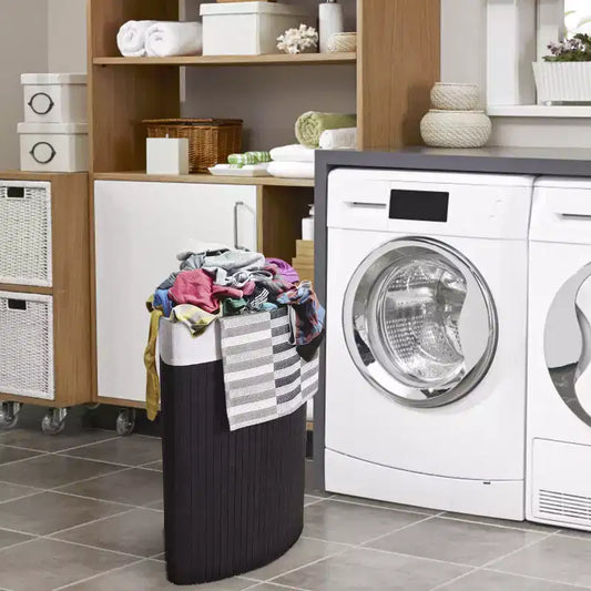 Costway Corner Bamboo Hamper Laundry Basket Washing Cloth Bin Storage Bag Lid Black